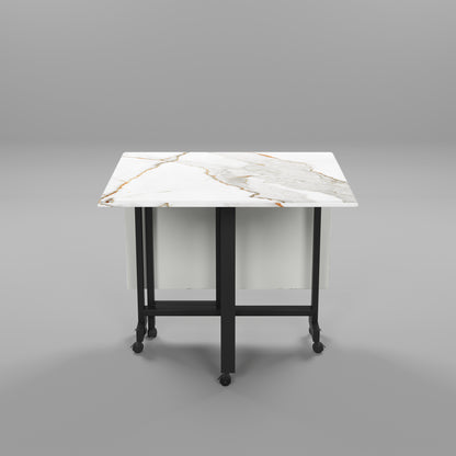 Folding Dining Table( Rectangular, White with Gold Marble, Black Metal Frame)
