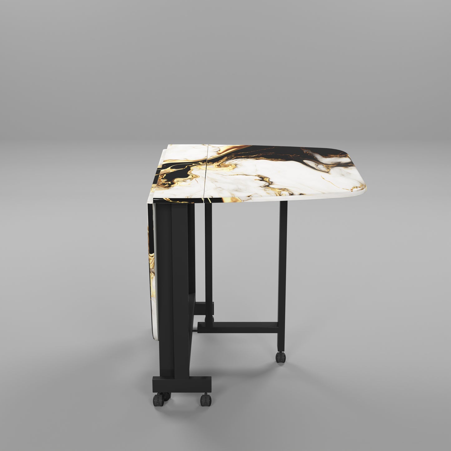 Folding Dining Table( Italian, White and Black with Gold Marble, Black Metal Frame)