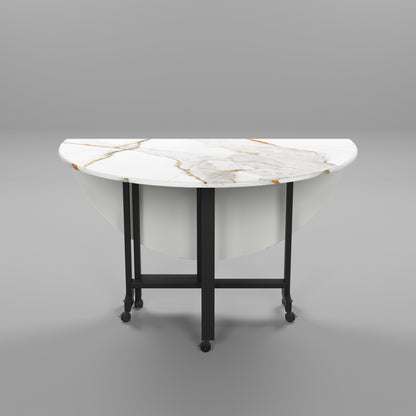 Folding Dining Table( Round, White with Gold Marble, Black Metal Frame)