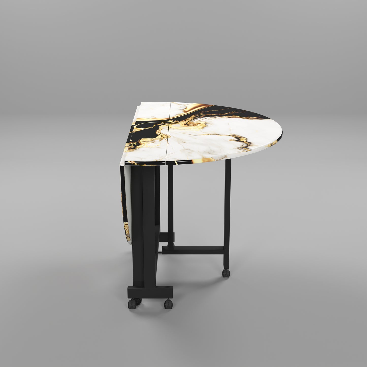 Folding Dining Table( Round, White and Black with Gold Marble, Black Metal Frame)
