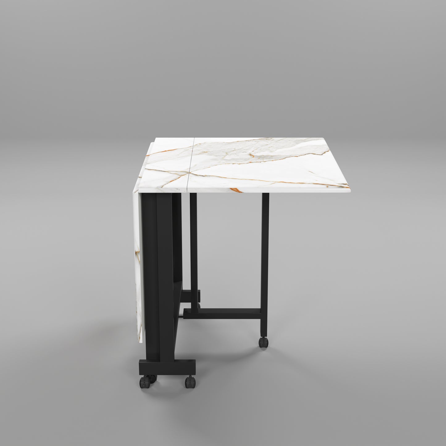 Folding Dining Table( Rectangular, White with Gold Marble, Black Metal Frame)