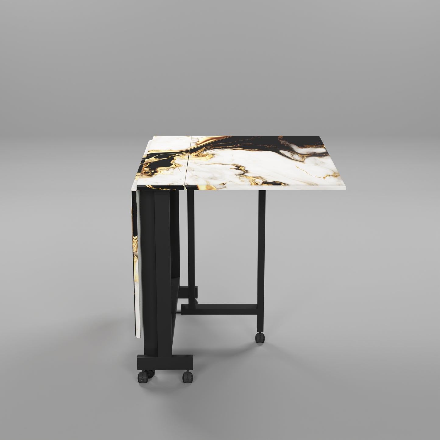 Folding Dining Table( Rectangular, White and Black with Gold Marble, Black Metal Frame)