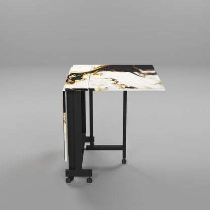 Folding Dining Table( Rectangular, White and Black with Gold Marble, Black Metal Frame)