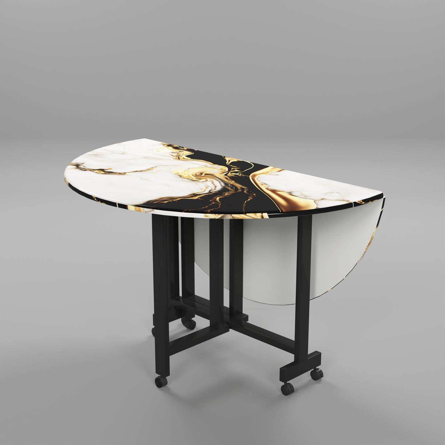 Folding Dining Table( Round, White and Black with Gold Marble, Black Metal Frame)