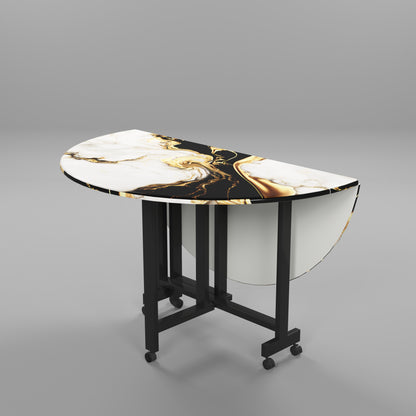Folding Dining Table( Round, White and Black with Gold Marble, Black Metal Frame)
