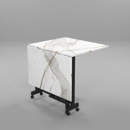 Folding Dining Table( Rectangular, White with Gold Marble, Black Metal Frame)