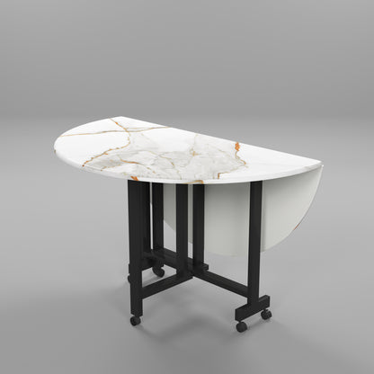 Folding Dining Table( Round, White with Gold Marble, Black Metal Frame)