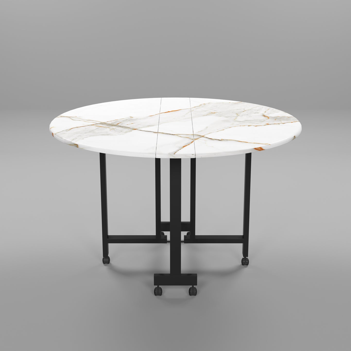 Folding Dining Table( Round, White with Gold Marble, Black Metal Frame)