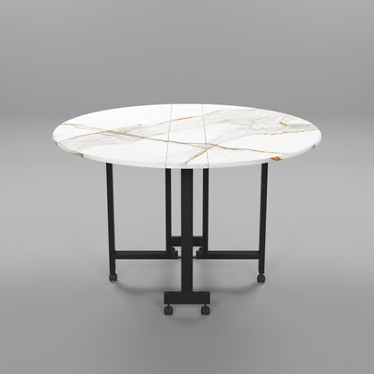 Folding Dining Table( Round, White with Gold Marble, Black Metal Frame)