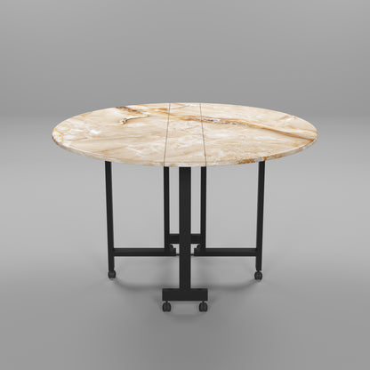 Folding Dining Table( Round, Gold Marble, Black Metal Frame)