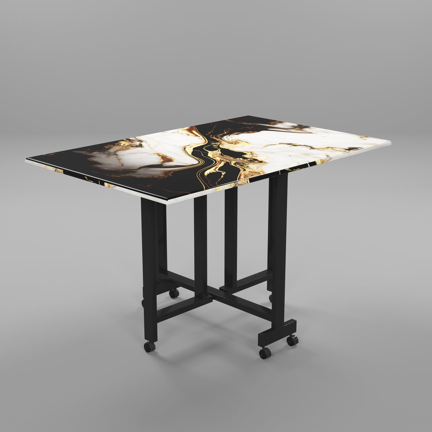 Folding Dining Table( Rectangular, White and Black with Gold Marble, Black Metal Frame)