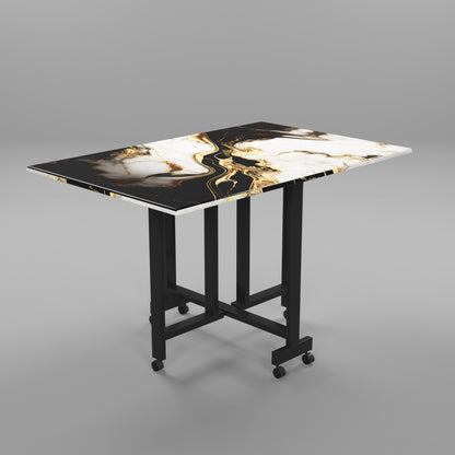 Folding Dining Table( Rectangular, White and Black with Gold Marble, Black Metal Frame)