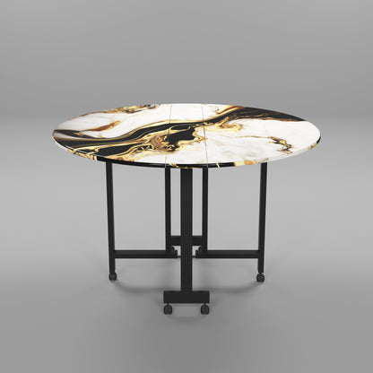 Folding Dining Table( Round, White and Black with Gold Marble, Black Metal Frame)