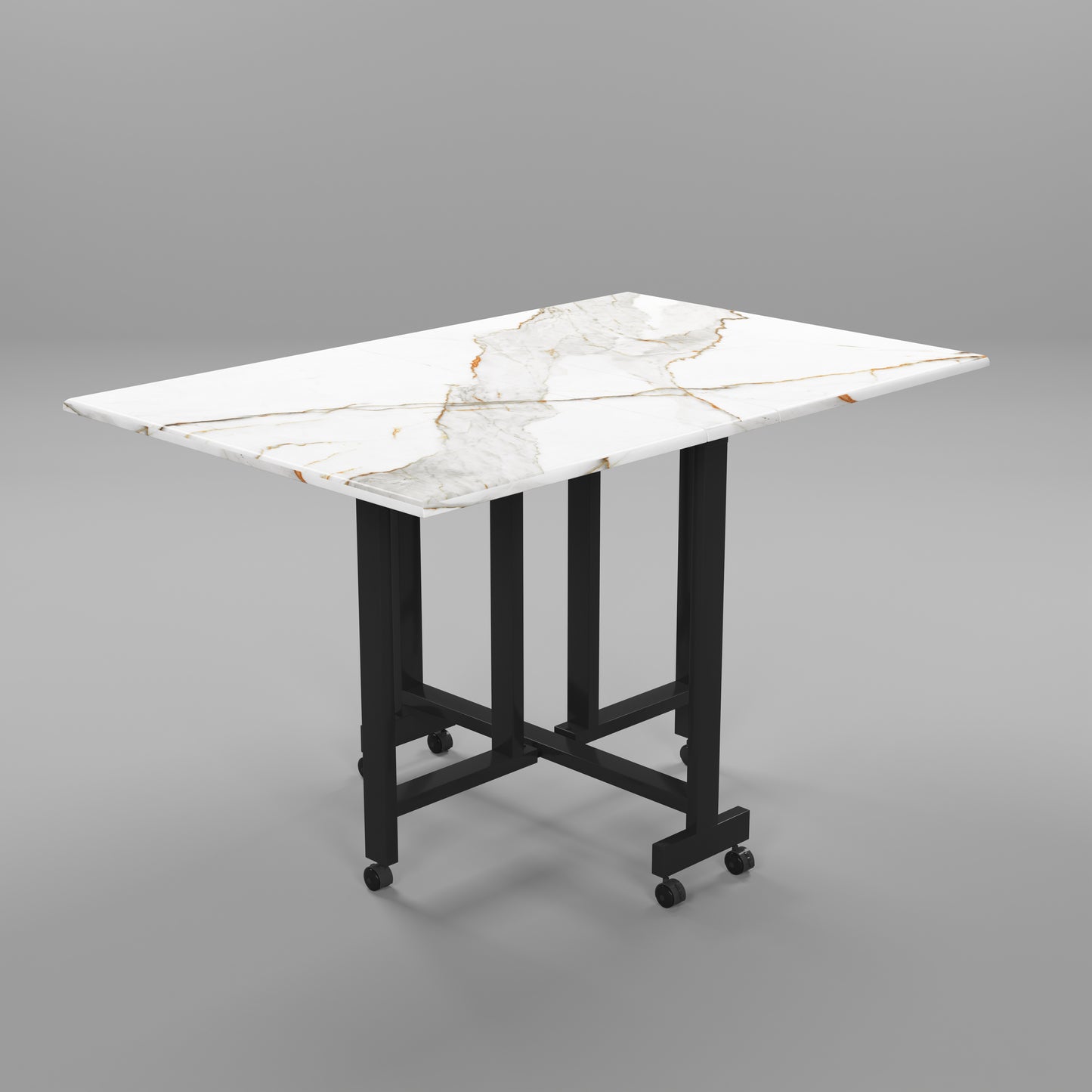 Folding Dining Table( Rectangular, White with Gold Marble, Black Metal Frame)