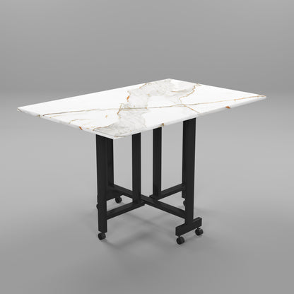 Folding Dining Table( Rectangular, White with Gold Marble, Black Metal Frame)