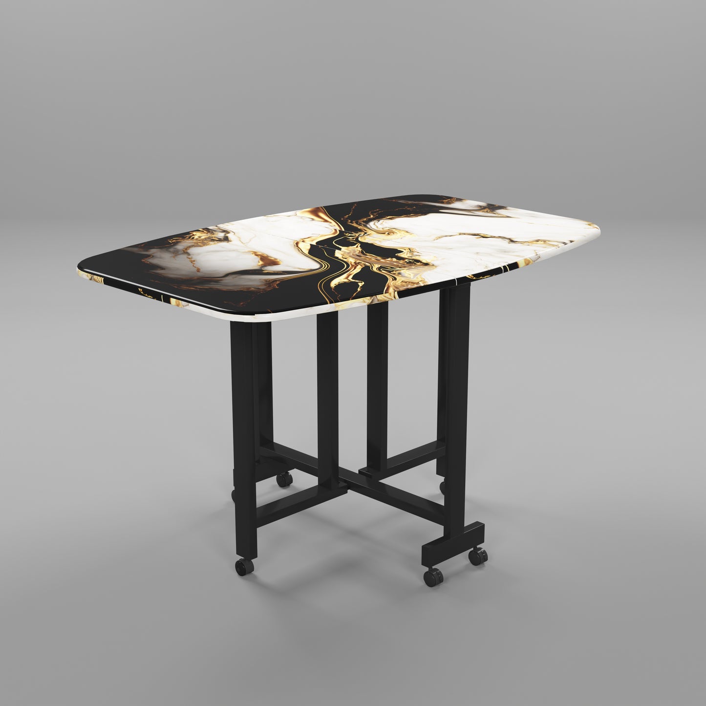 Folding Dining Table( Italian, White and Black with Gold Marble, Black Metal Frame)