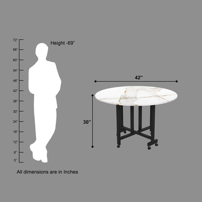 Folding Dining Table( Round, White with Gold Marble, Black Metal Frame)