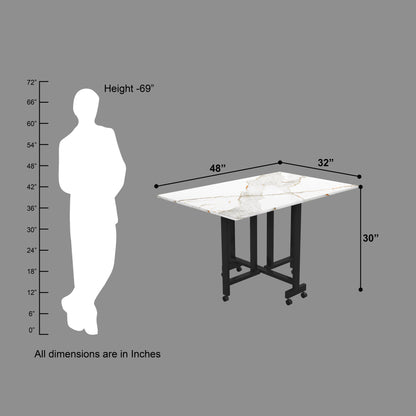 Folding Dining Table( Rectangular, White with Gold Marble, Black Metal Frame)