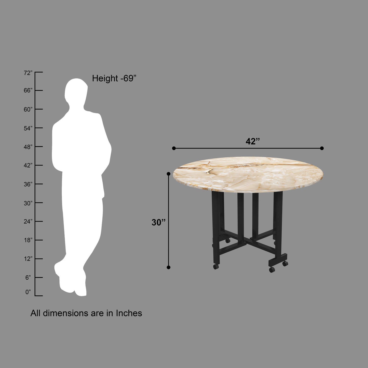Folding Dining Table( Round, Gold Marble, Black Metal Frame)