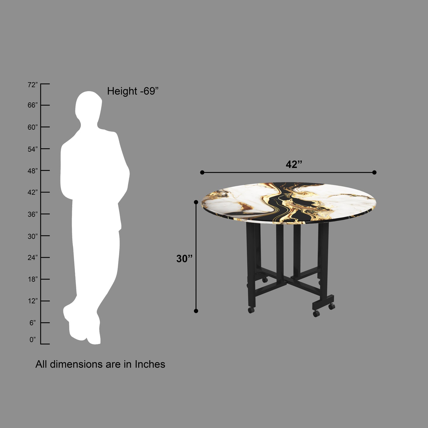 Folding Dining Table( Round, White and Black with Gold Marble, Black Metal Frame)