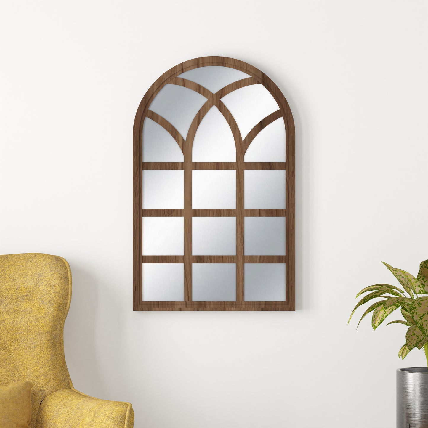 Arched Motif Window Frame Decor Wall Mirror (Walnut)