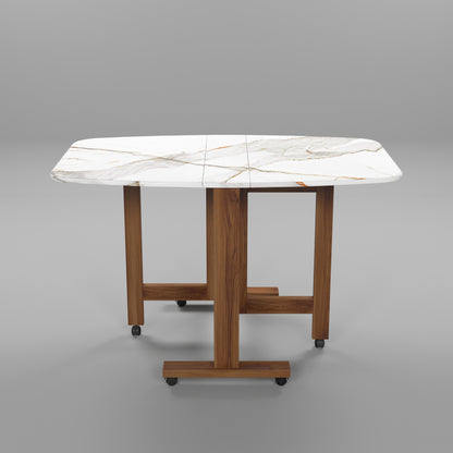 Folding Dining Table( Italian, White with Gold Marble, Natural Wood Metal Frame)