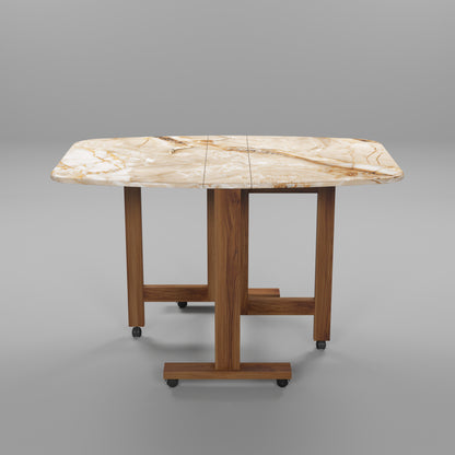 Folding Dining Table( Italian, Gold Marble, Natural Wood Metal Frame)