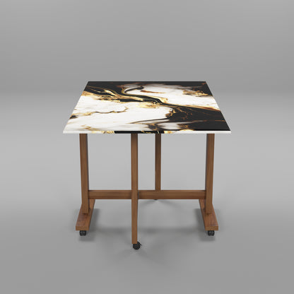 Folding Dining Table( Rectangular, White and Black with Gold Marble, Natural Wooden Frame)