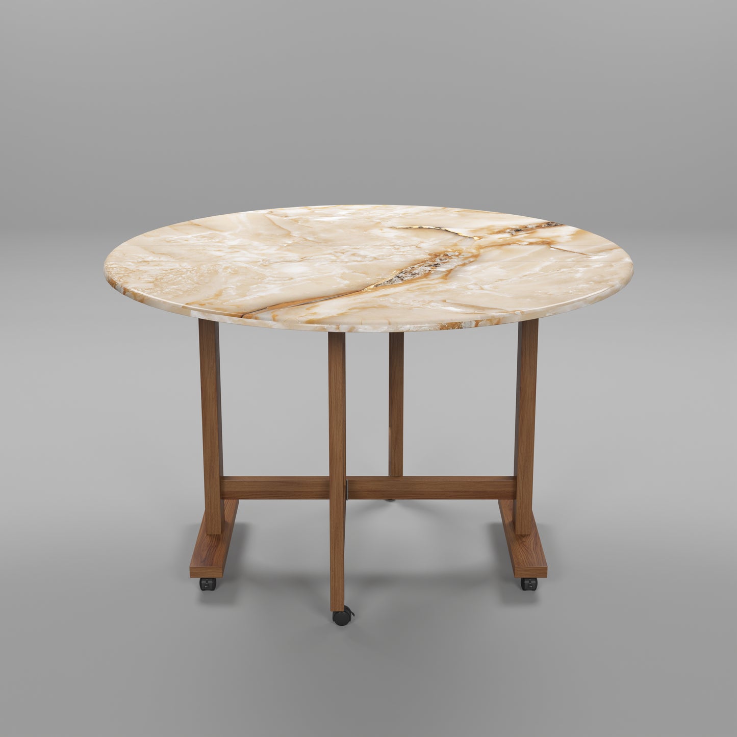 Folding Dining Table( Round, Gold Marble, Natural Wooden Frame)