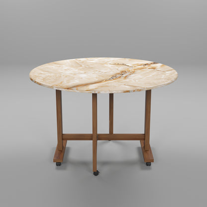 Folding Dining Table( Round, Gold Marble, Natural Wooden Frame)