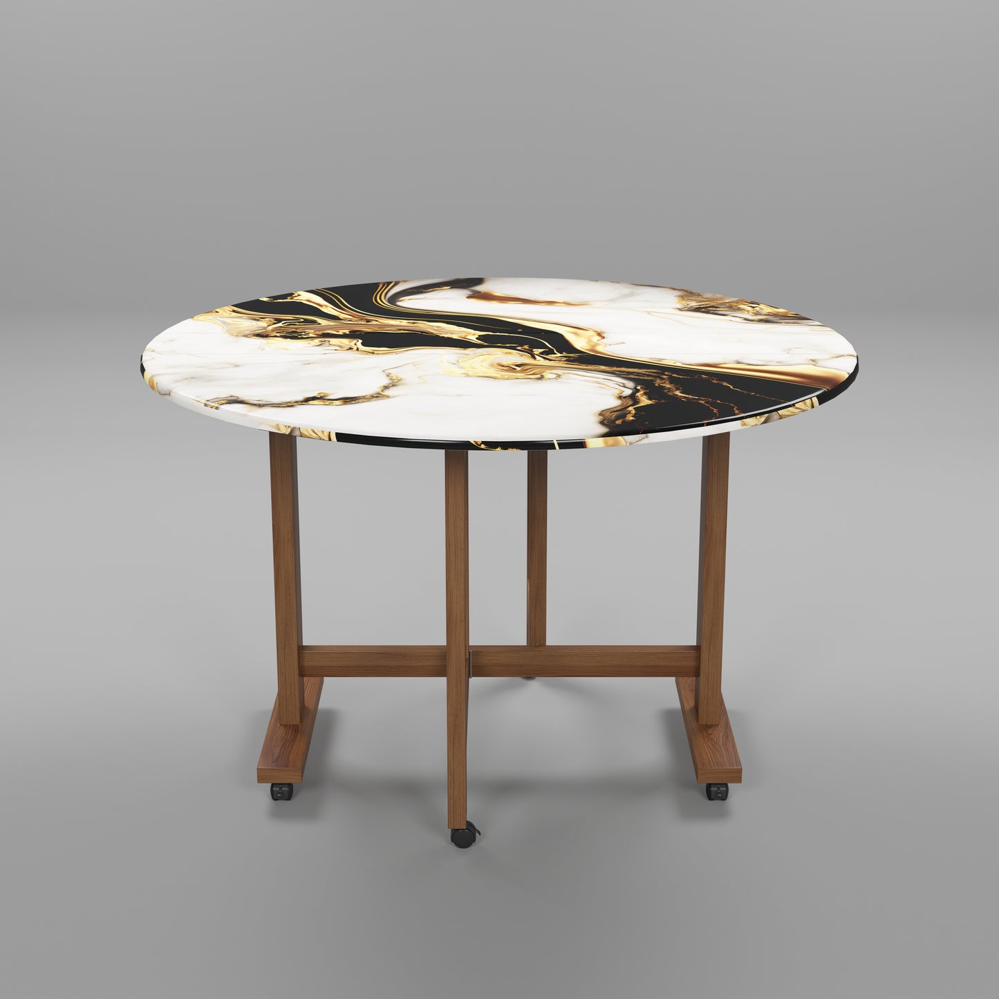 Folding Dining Table( Round, White and Black with Gold Marble, Natural Wooden Frame)