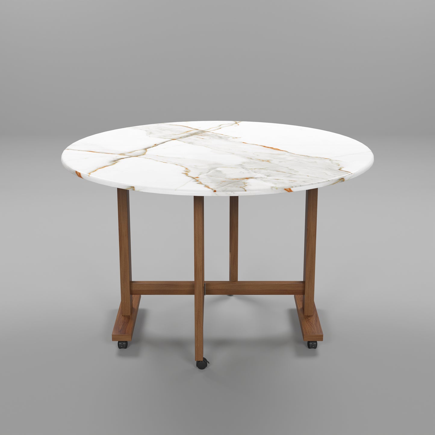 Folding Dining Table( Round, White Marble, Natural Wooden Frame)