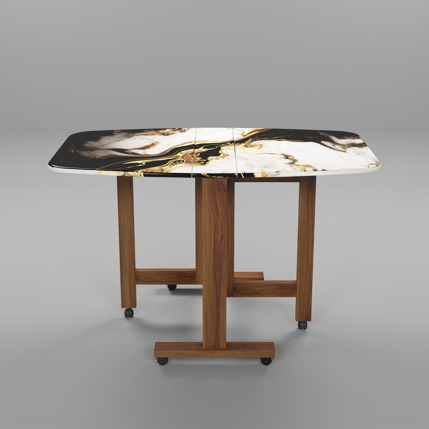 Folding Dining Table( Italian, White and Black with Gold Marble, Natural Wood Frame)