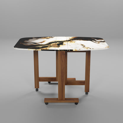 Folding Dining Table( Italian, White and Black with Gold Marble, Natural Wood Frame)