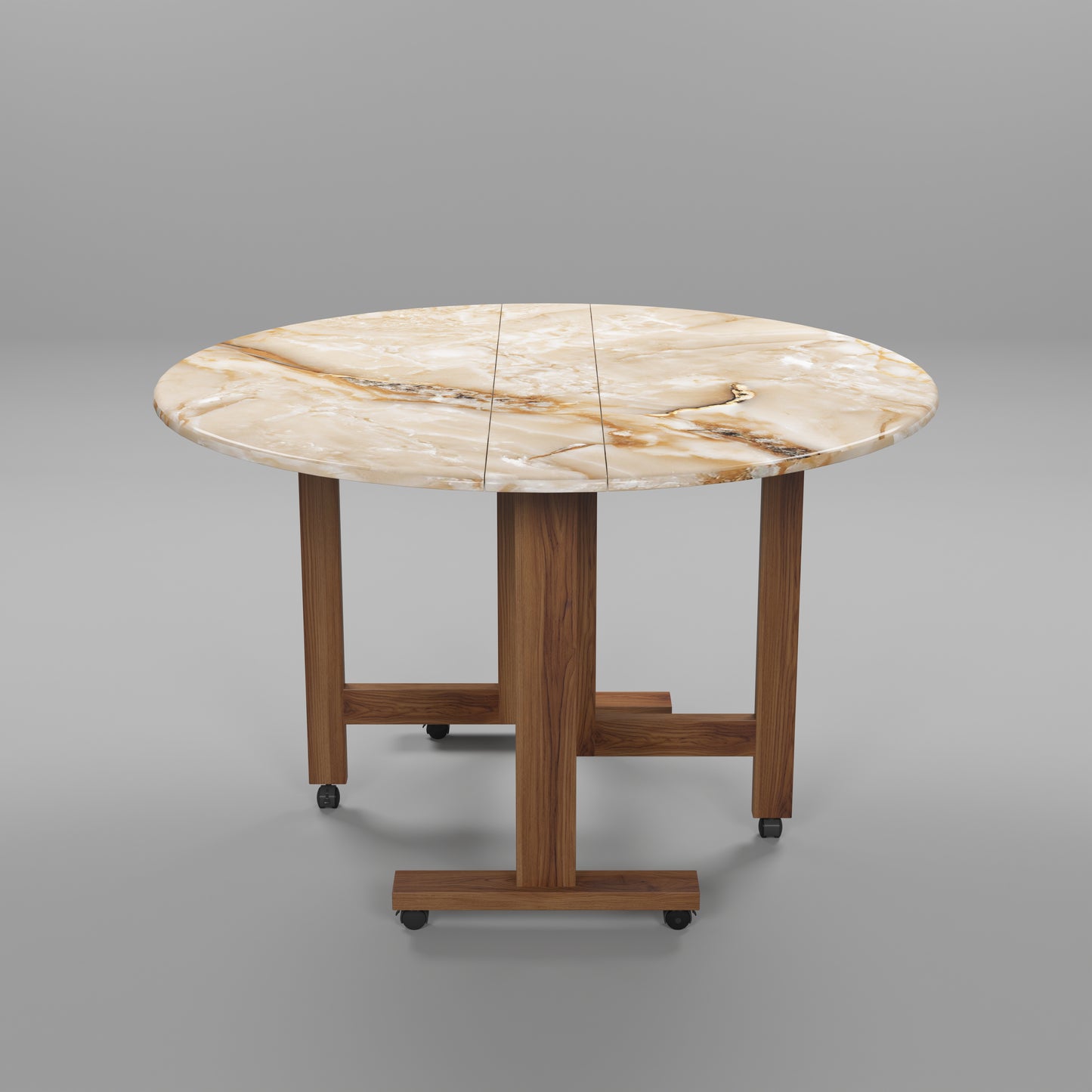 Folding Dining Table( Round, Gold Marble, Natural Wooden Frame)