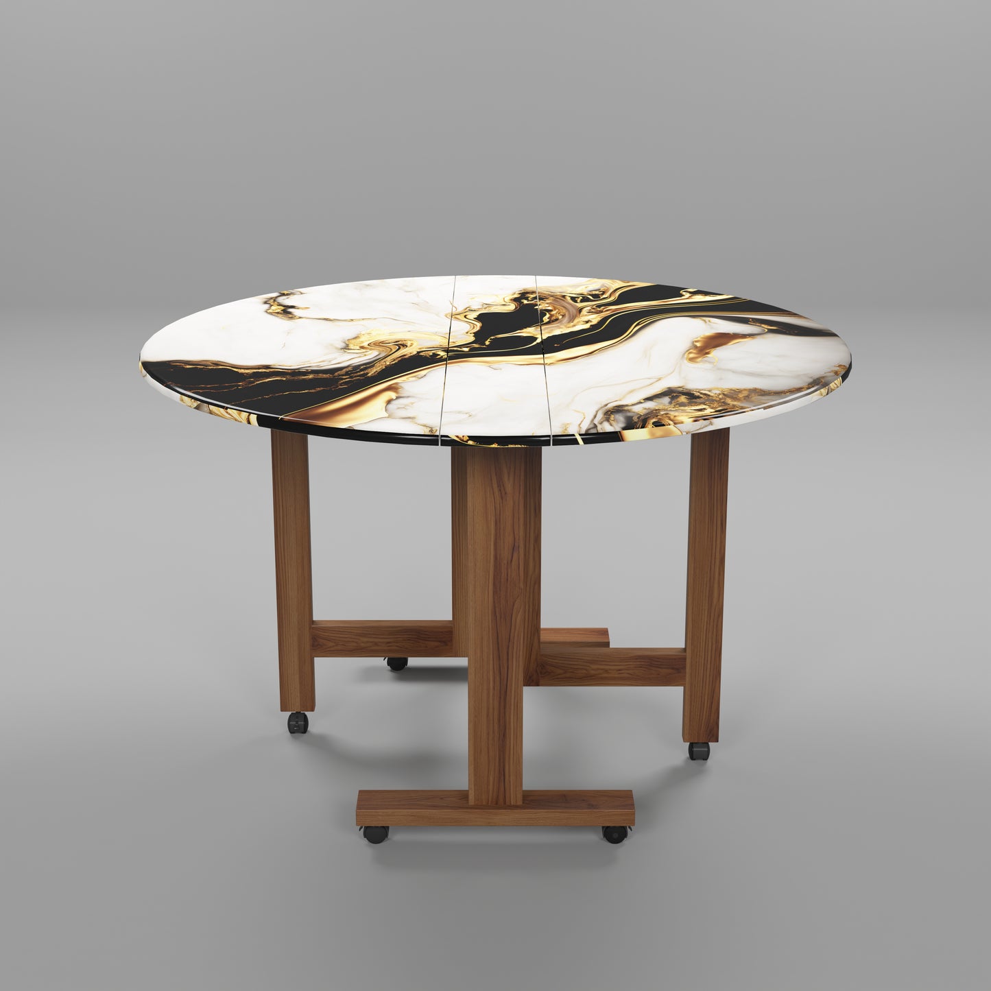Folding Dining Table( Round, White and Black with Gold Marble, Natural Wooden Frame)