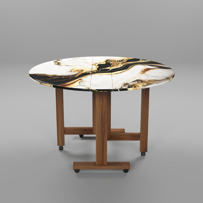 Folding Dining Table( Round, White and Black with Gold Marble, Natural Wooden Frame)