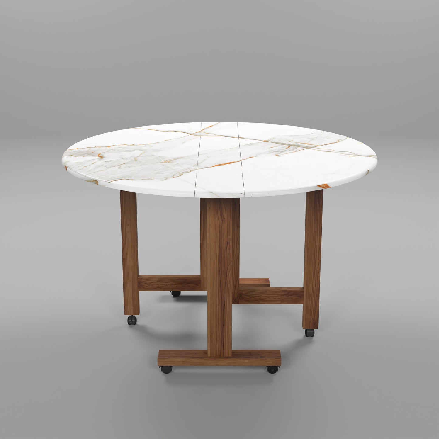 Folding Dining Table( Round, White Marble, Natural Wooden Frame)