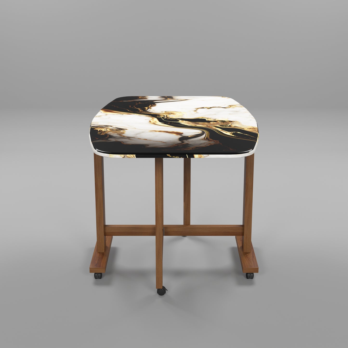 Folding Dining Table( Italian, White and Black with Gold Marble, Natural Wood Frame)