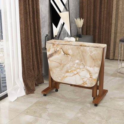Folding Dining Table( Italian, Gold Marble, Natural Wood Metal Frame)