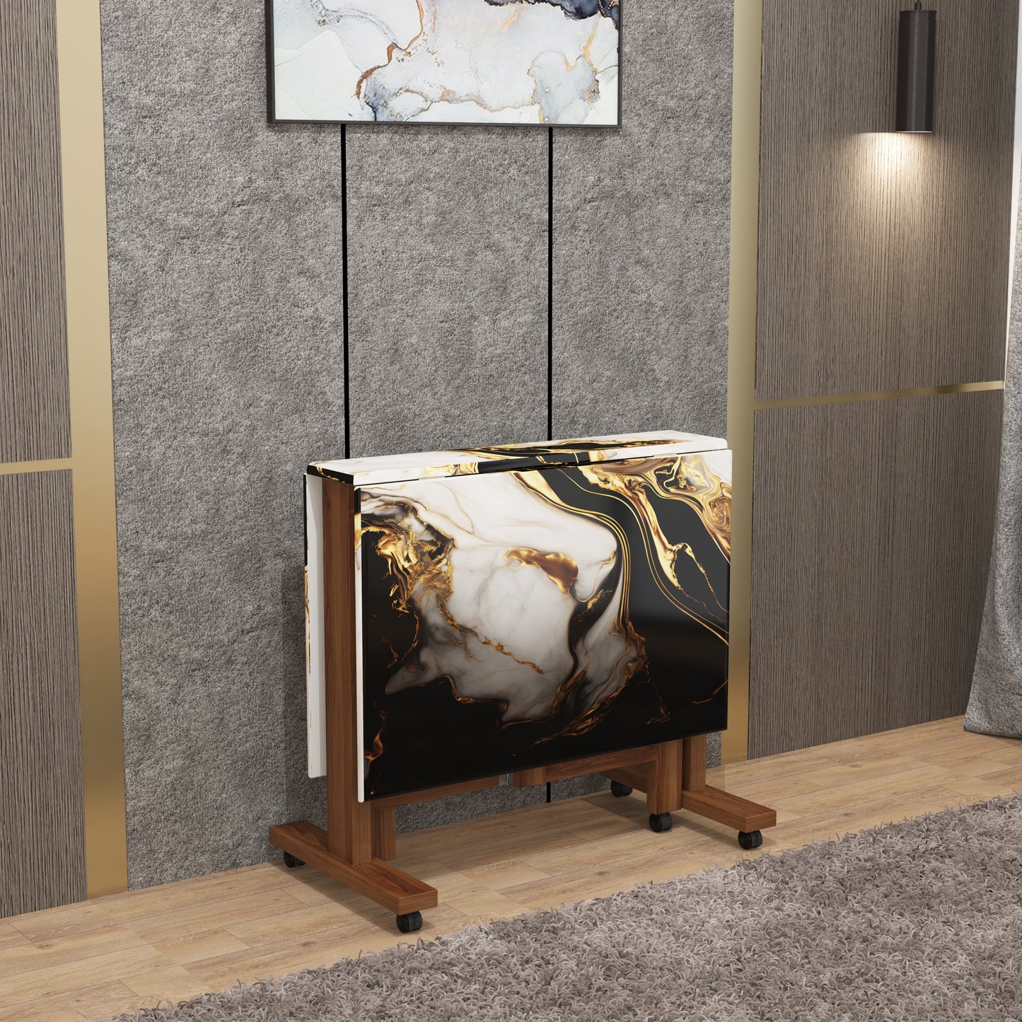 Folding Dining Table( Rectangular, White and Black with Gold Marble, Natural Wooden Frame)