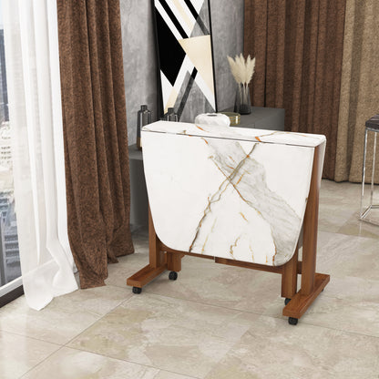 Folding Dining Table( Italian, White with Gold Marble, Natural Wood Metal Frame)