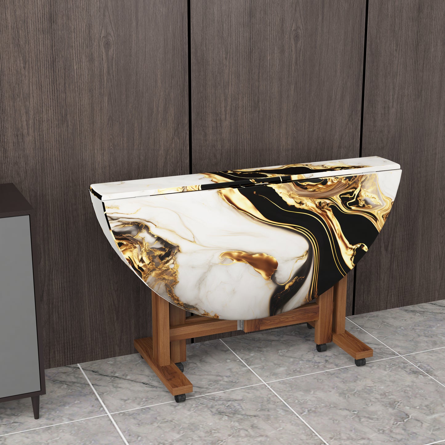 Folding Dining Table( Round, White and Black with Gold Marble, Natural Wooden Frame)