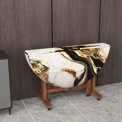 Folding Dining Table( Round, White and Black with Gold Marble, Natural Wooden Frame)