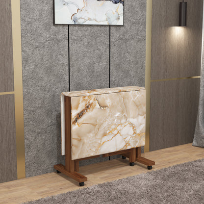Folding Dining Table( Rectangular, Gold Marble, Natural Wooden Frame)