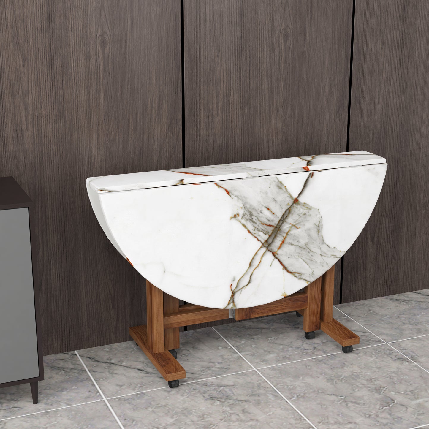 Folding Dining Table( Round, White Marble, Natural Wooden Frame)