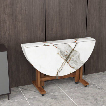 Folding Dining Table( Round, White Marble, Natural Wooden Frame)