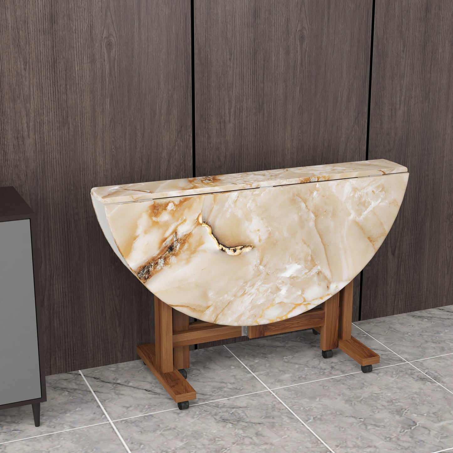 Folding Dining Table( Round, Gold Marble, Natural Wooden Frame)