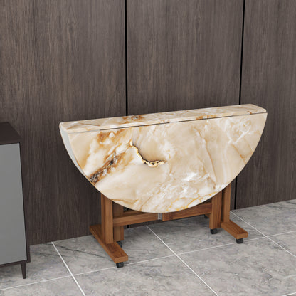 Folding Dining Table( Round, Gold Marble, Natural Wooden Frame)