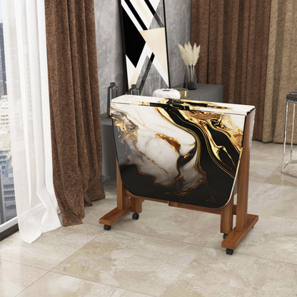 Folding Dining Table( Italian, White and Black with Gold Marble, Natural Wood Frame)
